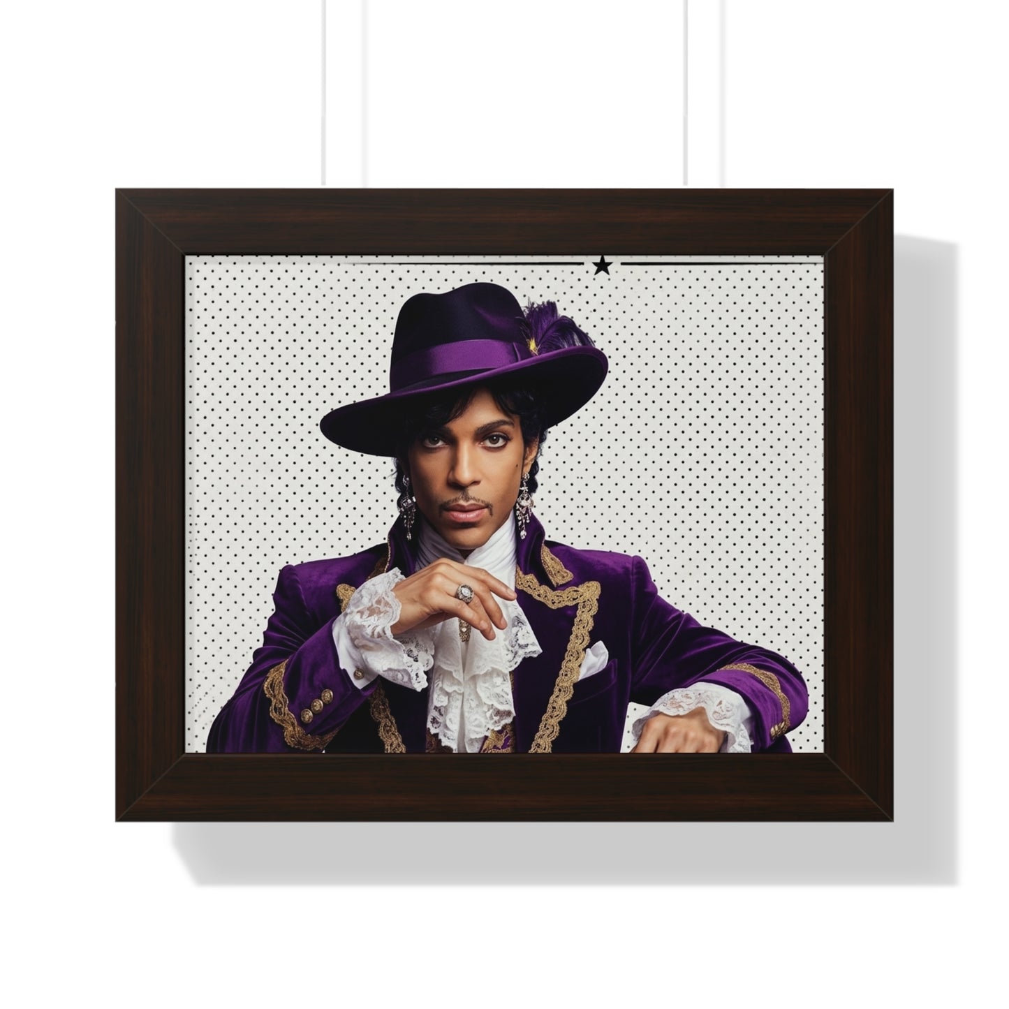 Framed portrait of a person in a purple outfit with a matching hat on a white background