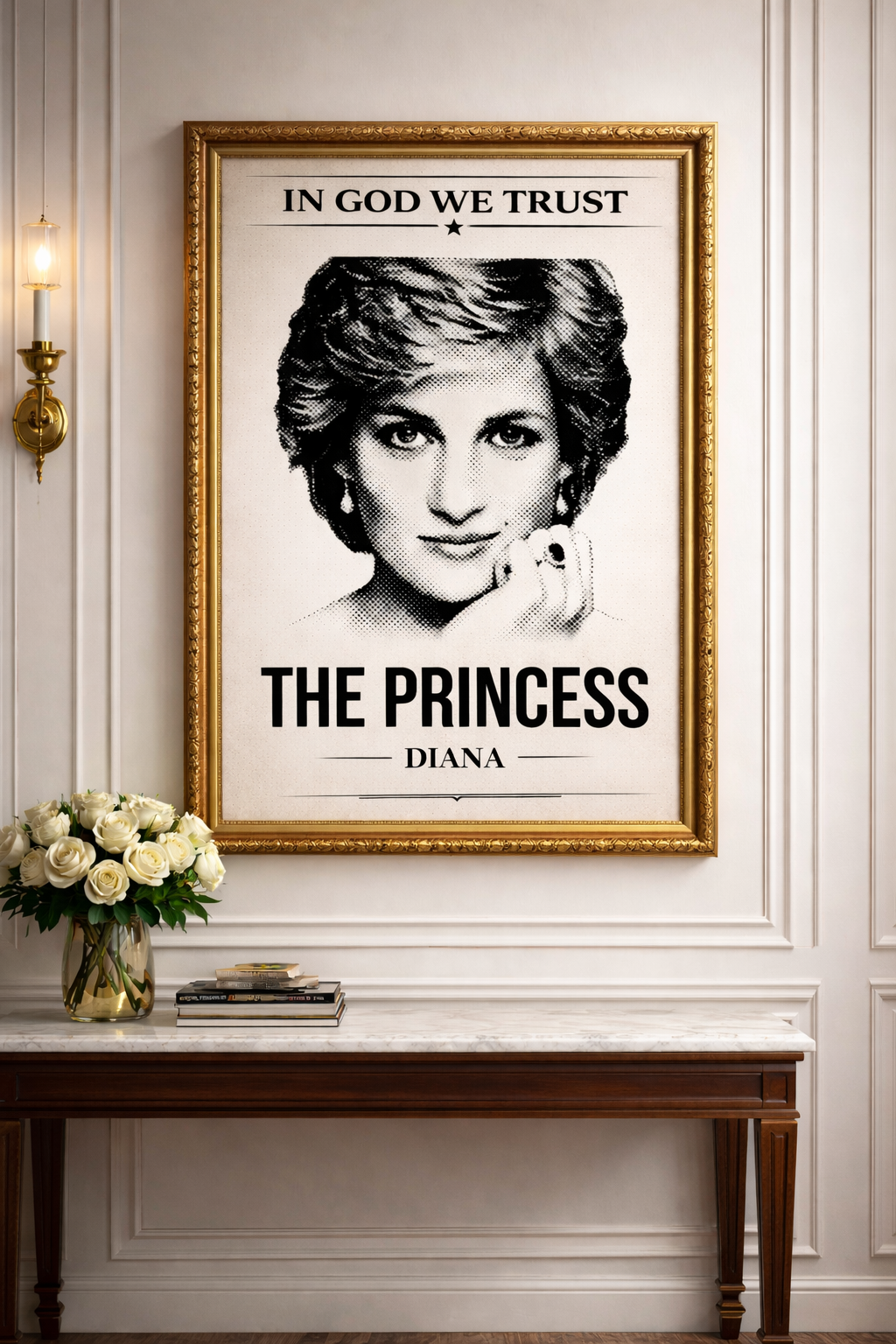 Framed portrait of a woman with text 'In God We Trust, The Princess Diana' on a wall.