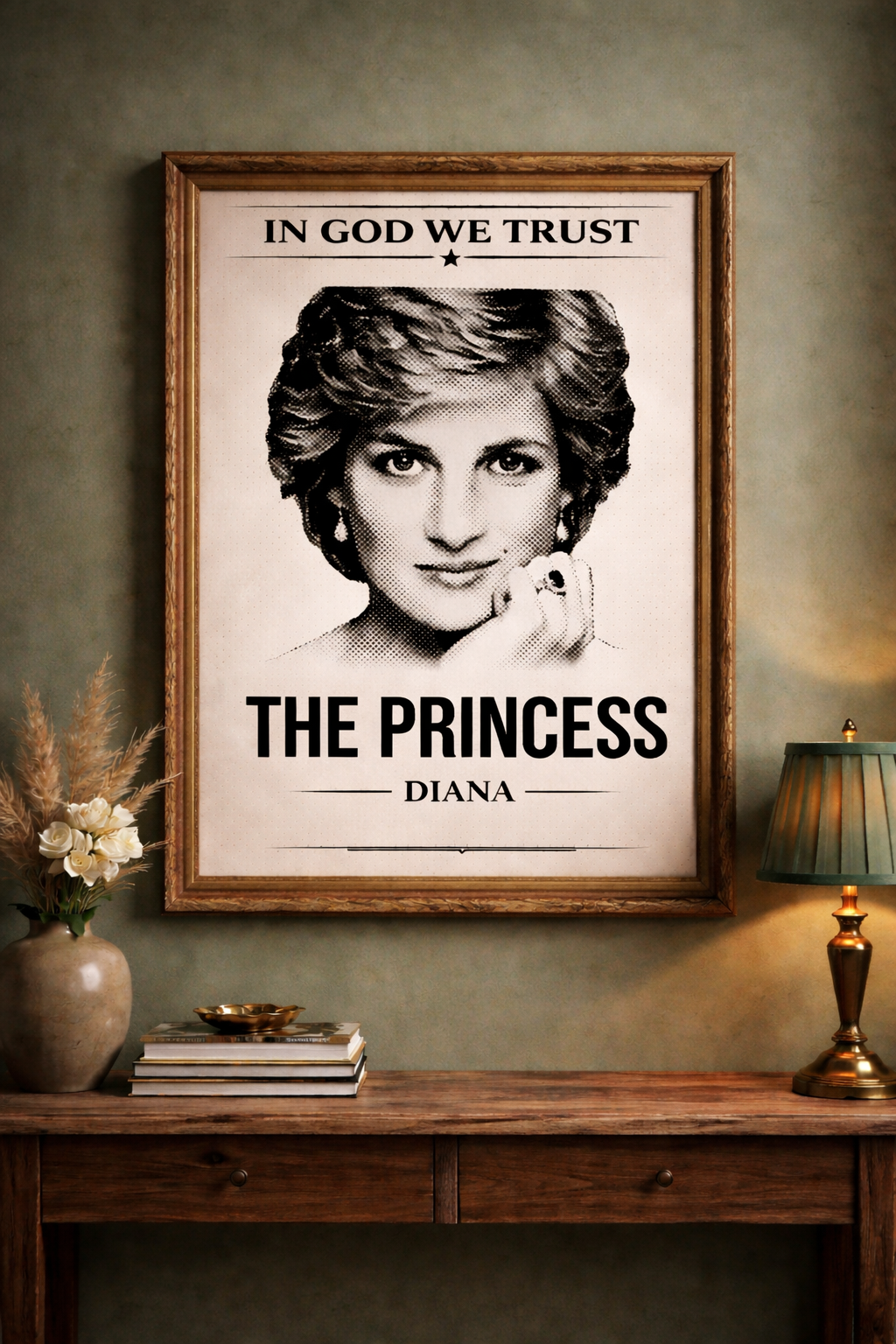 Framed poster of a portrait with 'In God We Trust' and 'The Princess Diana' text on a wall.