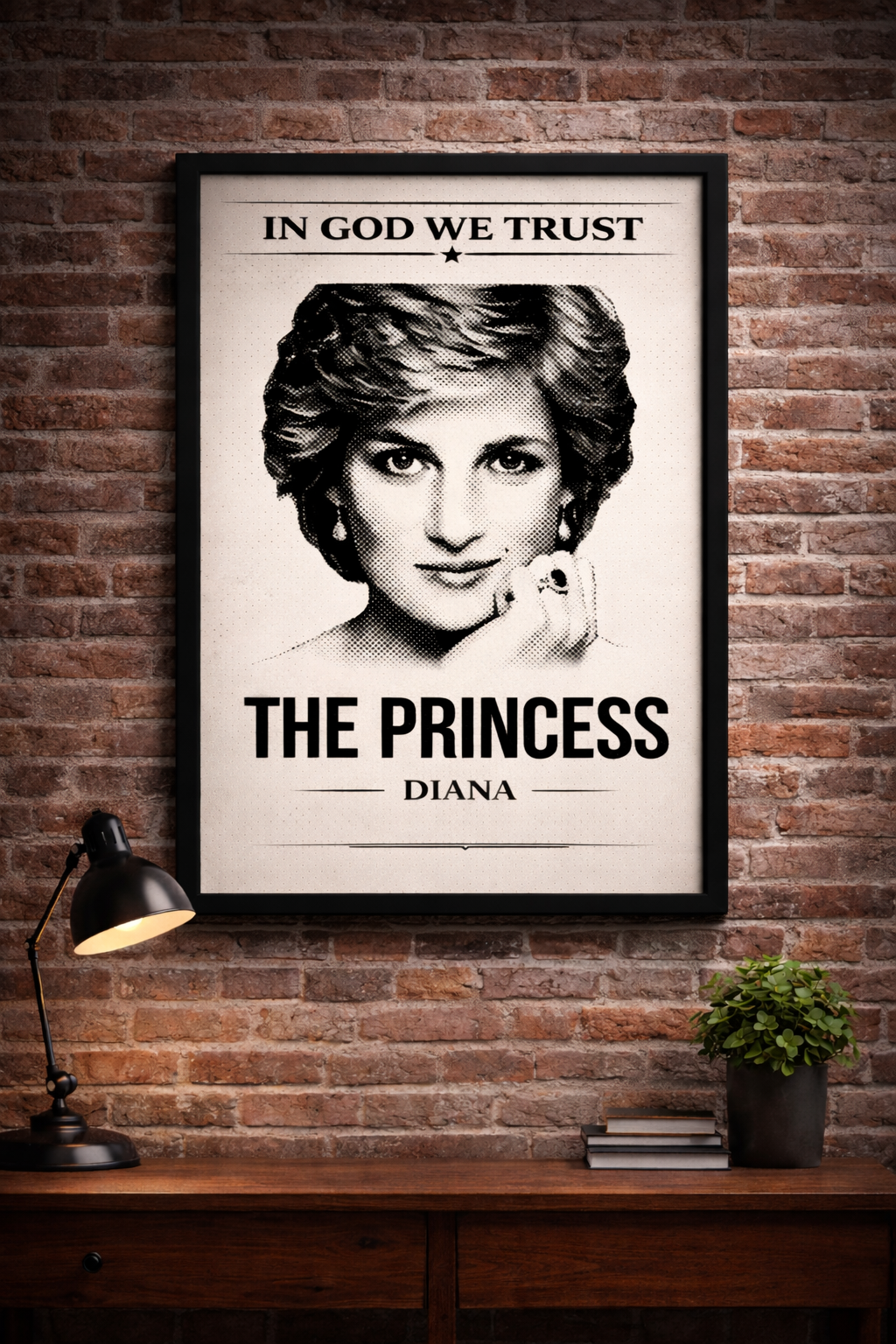 Framed poster of Princess Diana on a brick wall with 'In God We Trust' above.