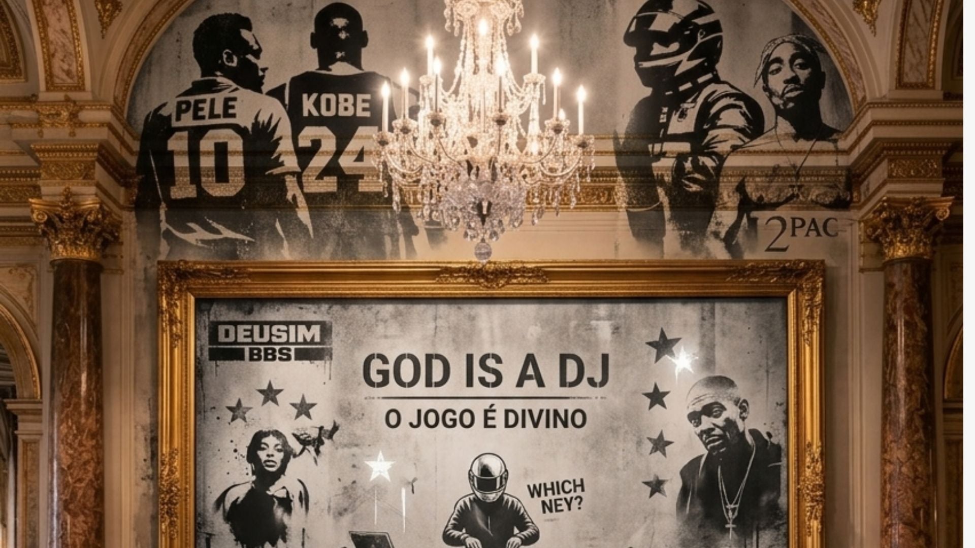 Decorative wall with framed posters featuring famous figures and a chandelier.