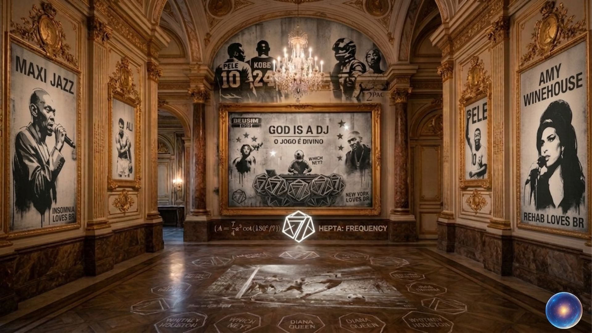 Decorative interior with artistic posters and a chandelier