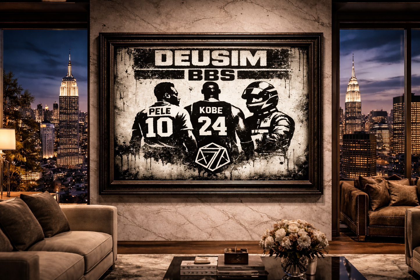 Living room with a framed poster of Pele, Kobe, and a third figure with 'DEUSIM BBS' text.