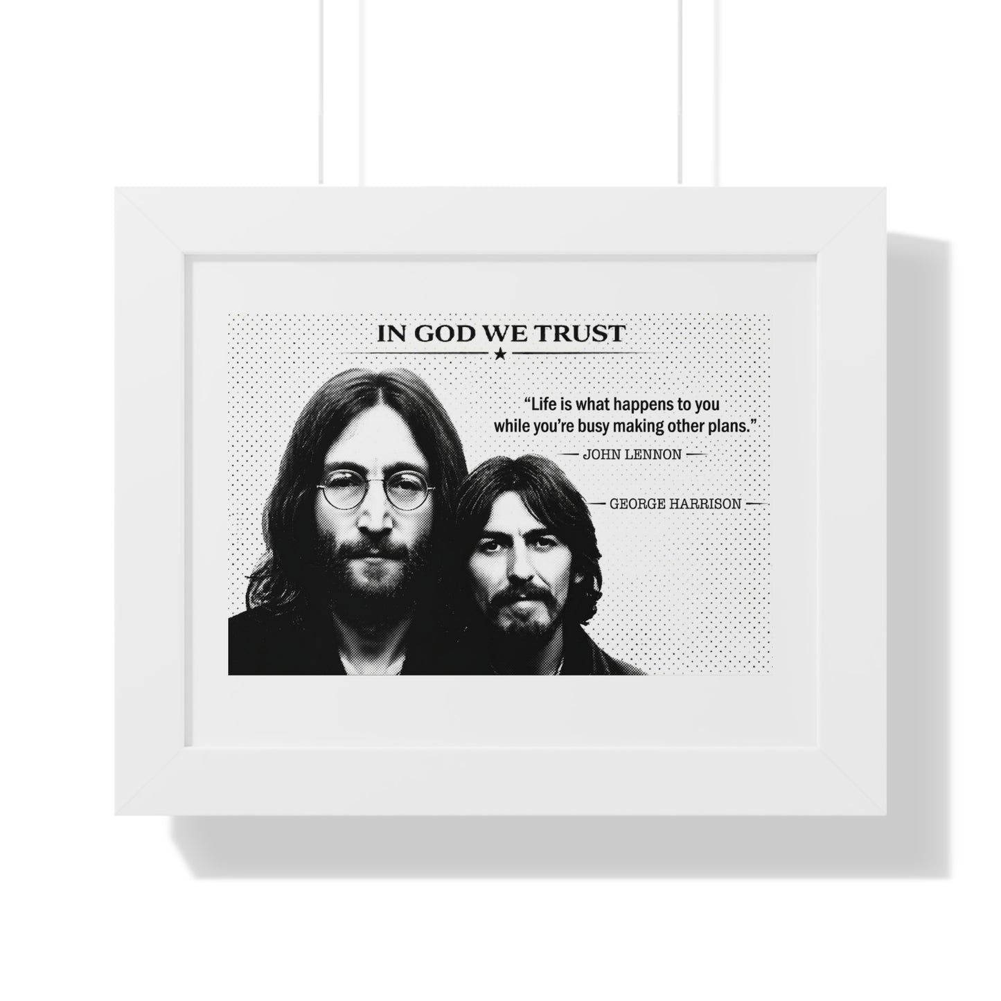 Framed black and white portrait of two individuals with a quote by John Lennon and George Harrison.