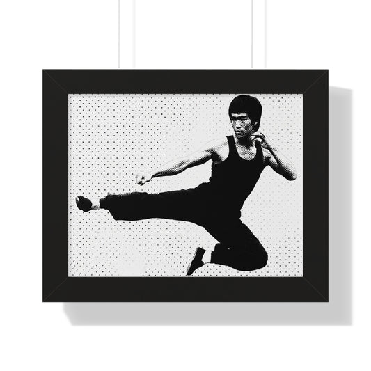 Framed black and white artwork of a martial artist in a dynamic pose.