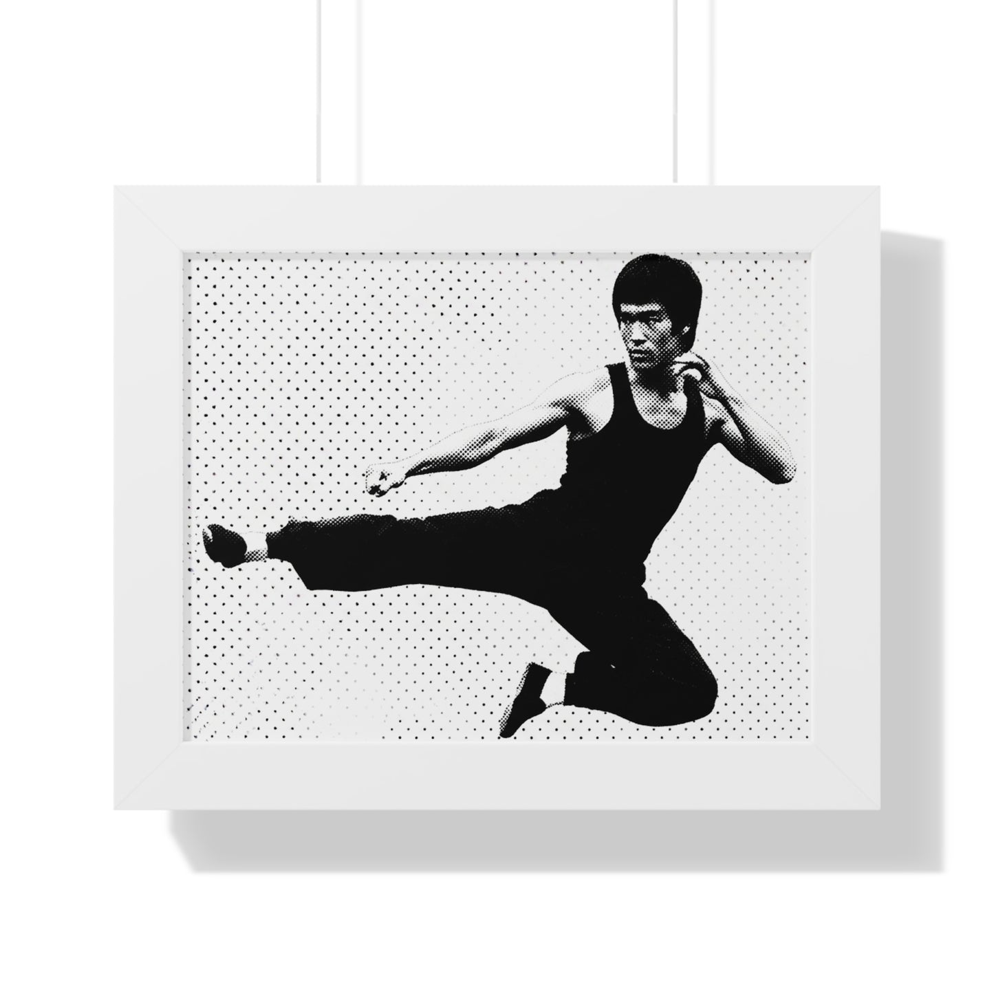 Framed black and white artwork of a martial artist in a dynamic pose on a white background.