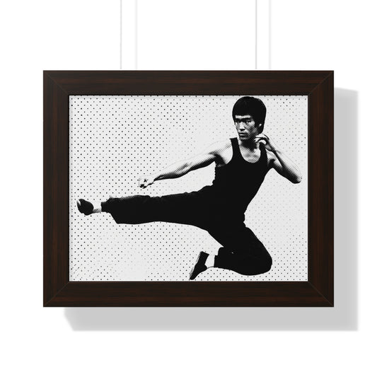 Framed black and white artwork of a martial artist in a dynamic pose.