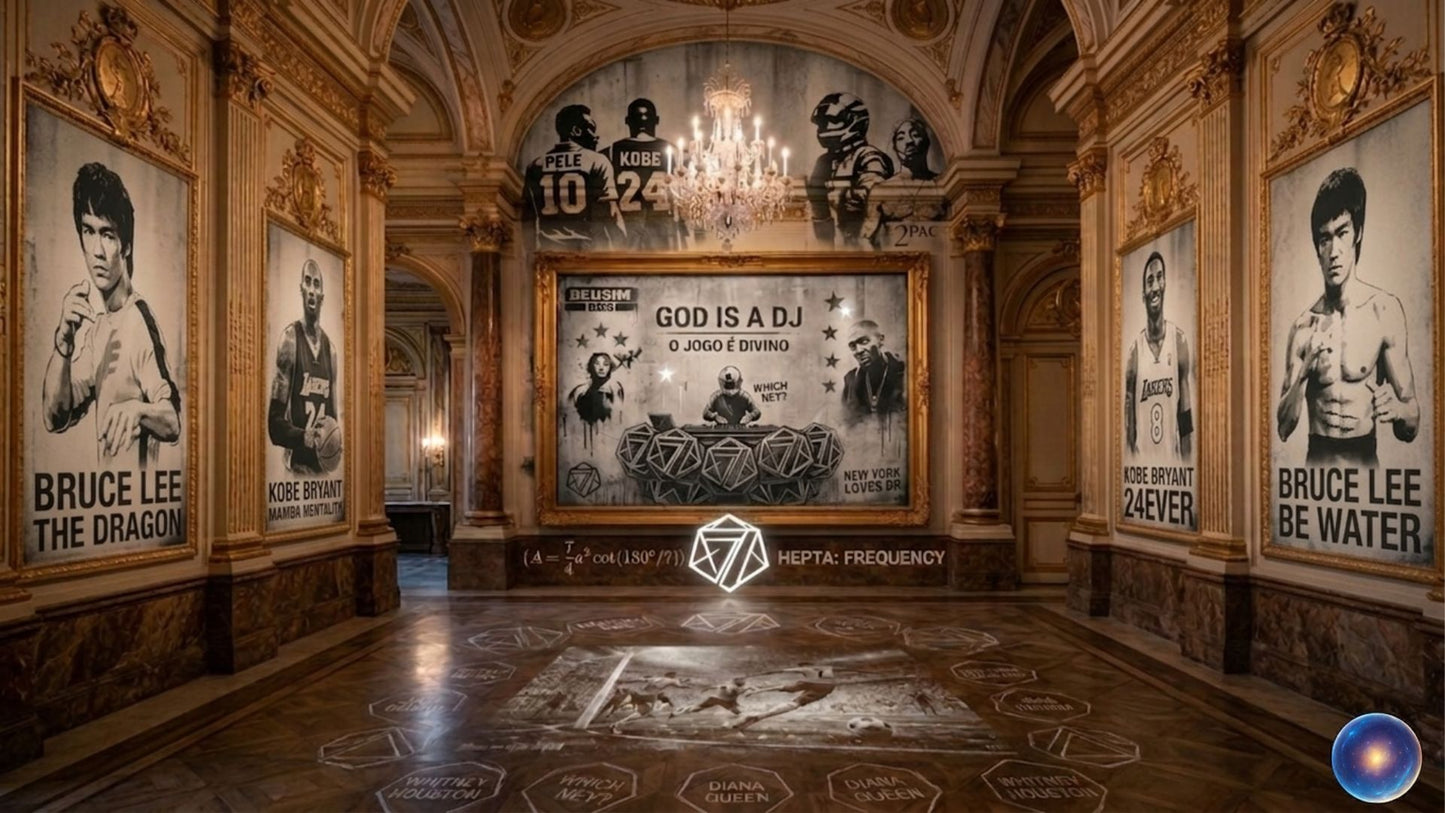 Decorative interior with posters of Bruce Lee and a central artwork with text.