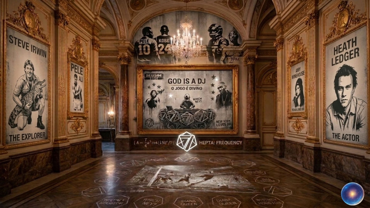 Decorative hallway with framed pictures of celebrities and a digital frequency symbol.