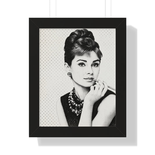 Framed black and white portrait of a woman with a polka dot background