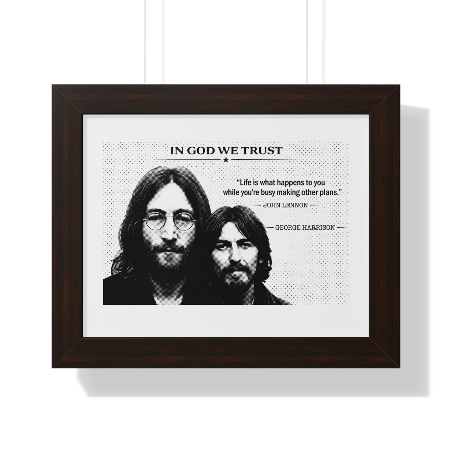 Framed poster with black and white images of two individuals and a quote, on a white background.