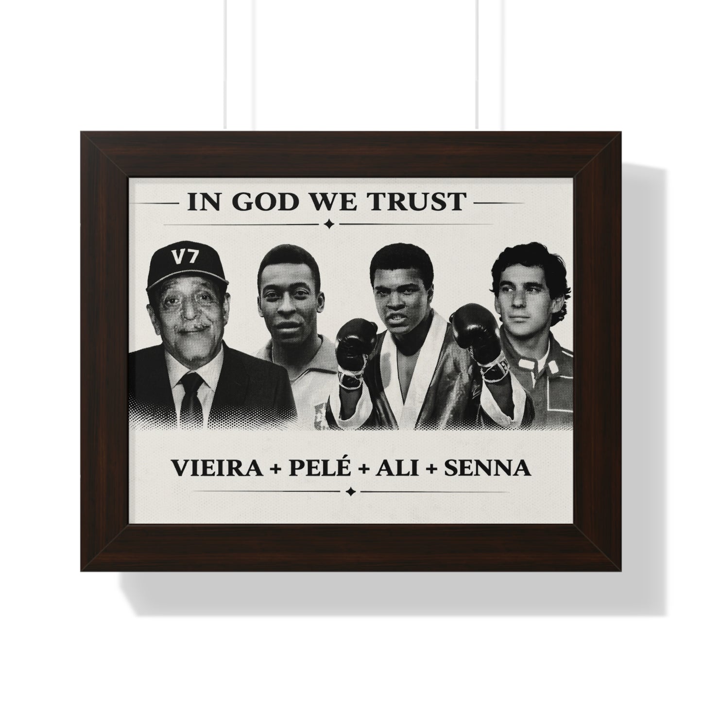 Framed poster with black and white images of famous figures and text 'In God We Trust' on a white background.