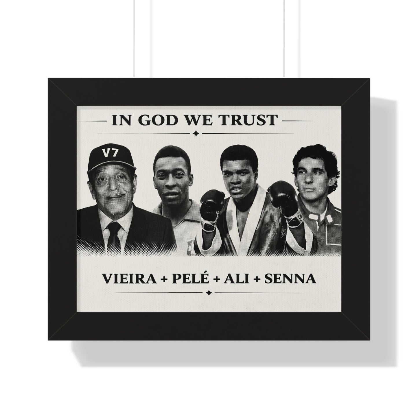 Framed poster with black and white images of famous athletes and text 'In God We Trust'.