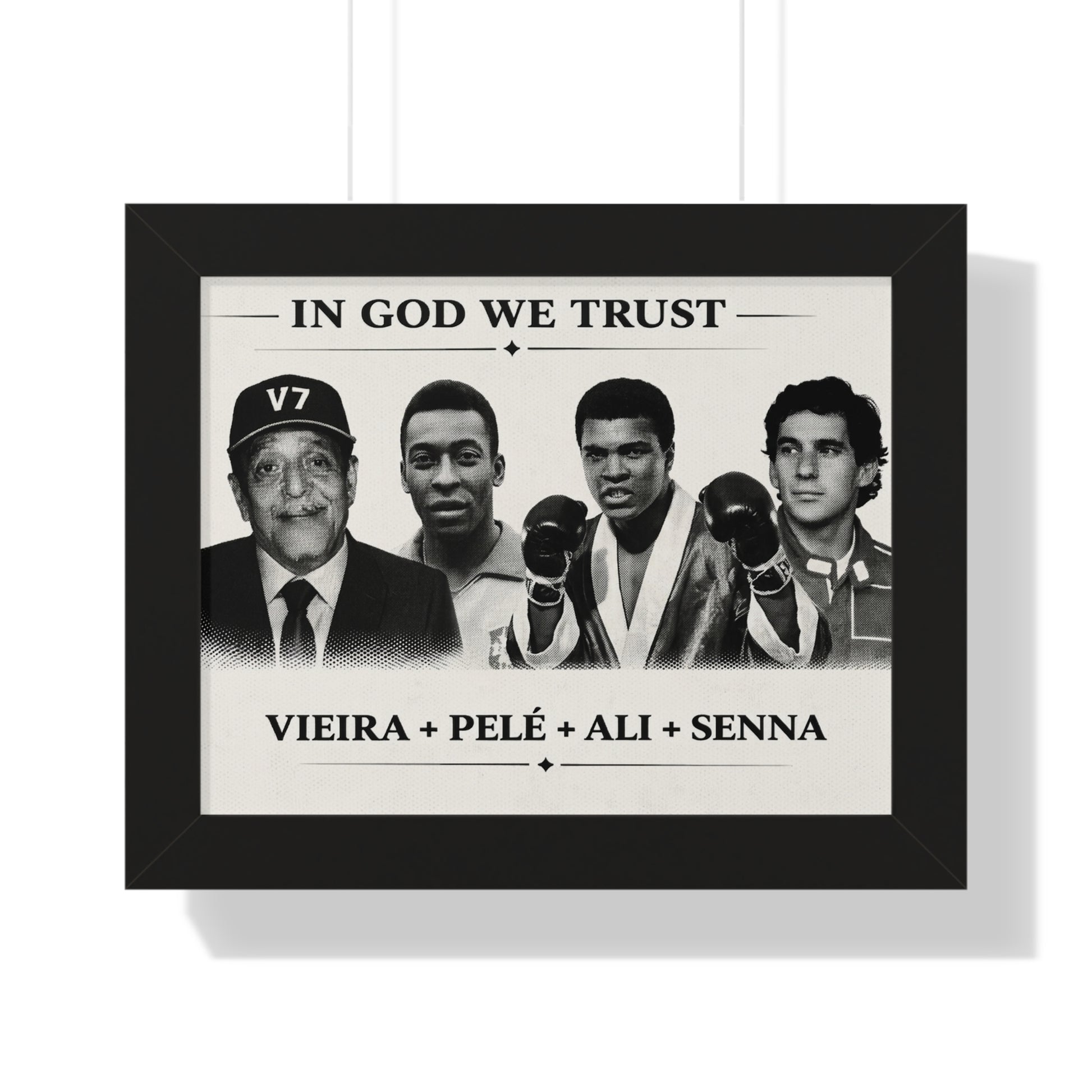Framed poster with black and white images of famous athletes and text 'In God We Trust'.