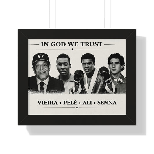 Framed poster with black and white images of famous athletes and text 'In God We Trust'.