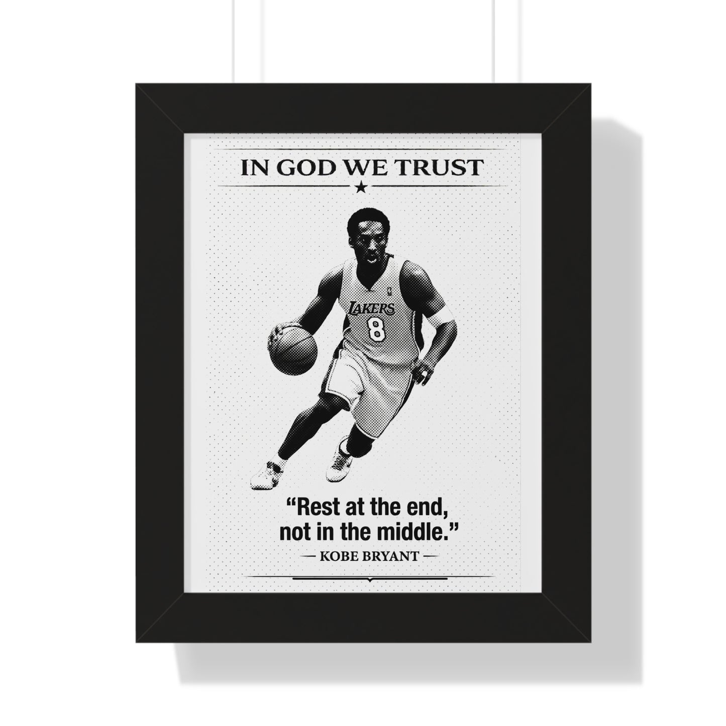 Framed poster with a basketball player and inspirational quote on a white background
