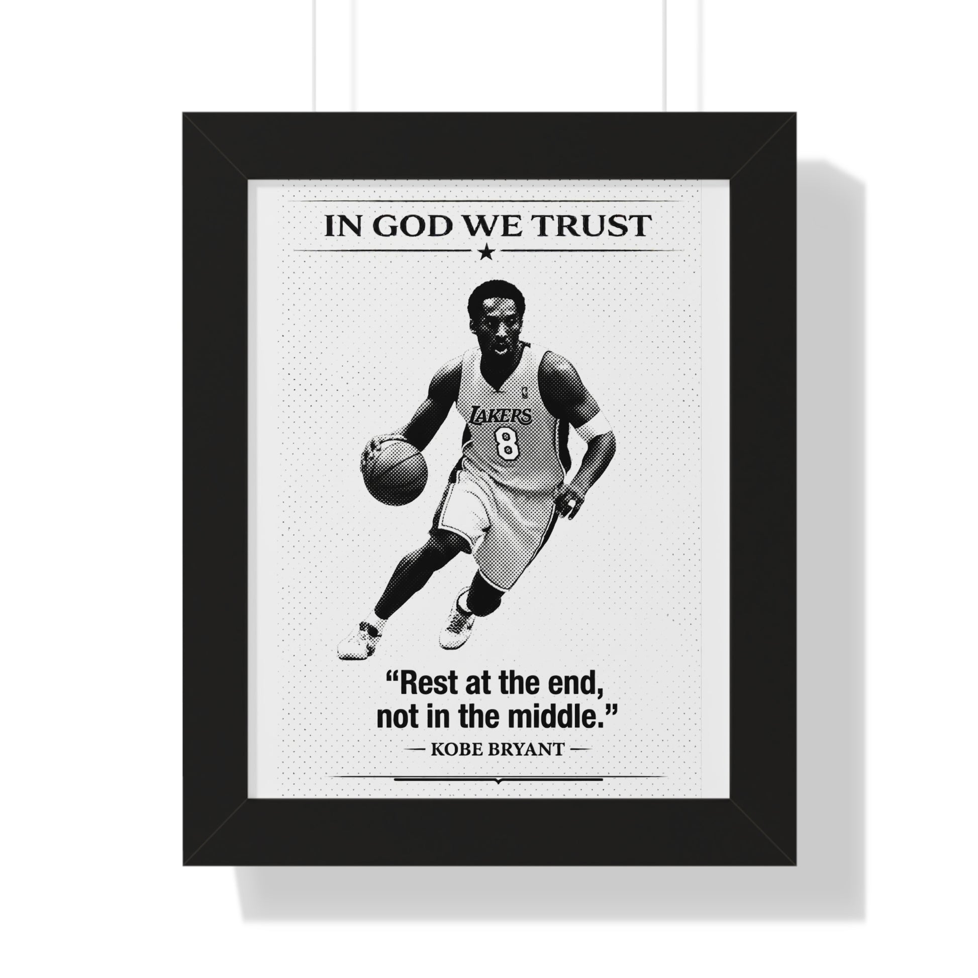 Framed poster with a basketball player and inspirational quote on a white background