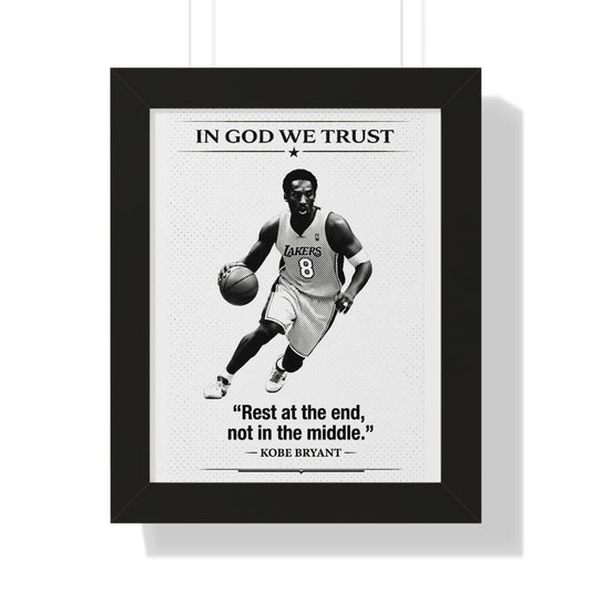 Framed poster with a basketball player and inspirational quote on a white background