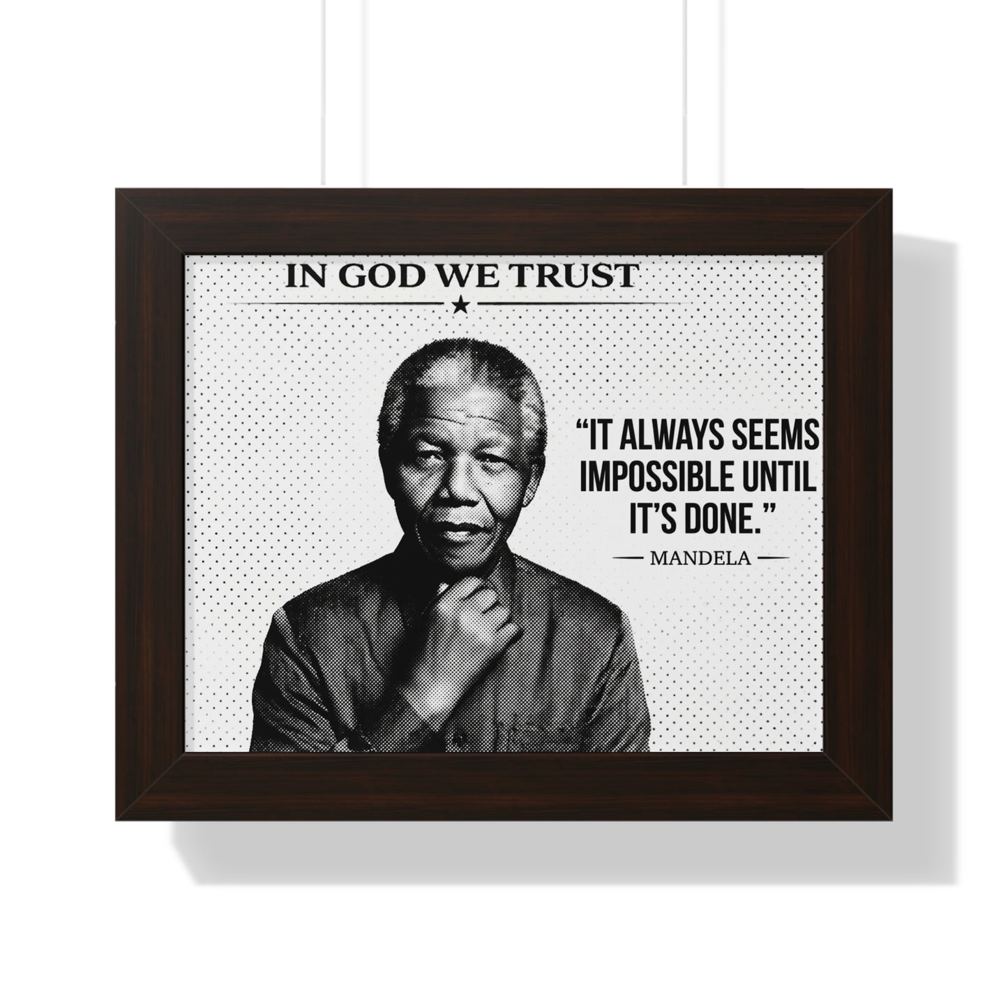 Framed poster with a black and white portrait of a famous person and a quote, on a white background.