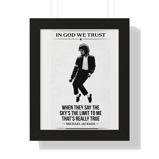 Framed poster with a black and white image of a person and text, featuring the quote 'In God We Trust'.
