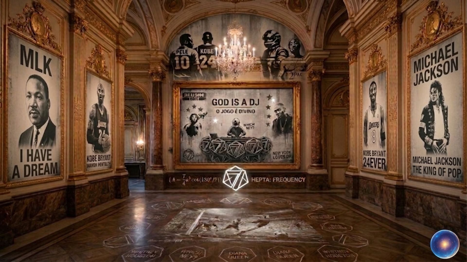 Grand hall with large framed posters of famous figures and a central logo.