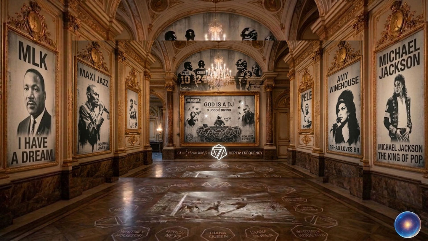 Grand hall with large framed portraits on the walls, featuring famous figures.