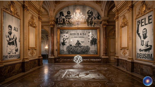 Decorative interior with framed posters of famous athletes and a central artwork.