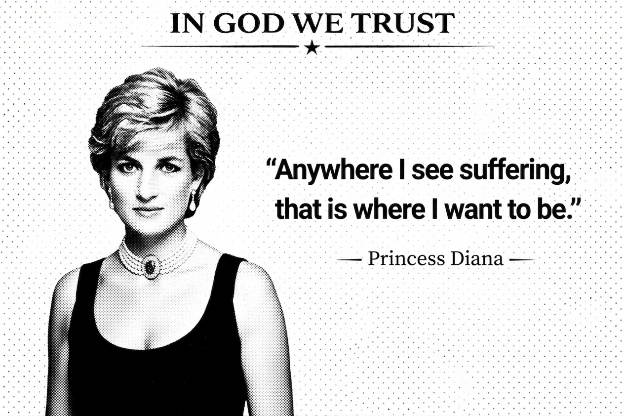 Black and white image of Princess Diana with a quote and 'In God We Trust' slogan.