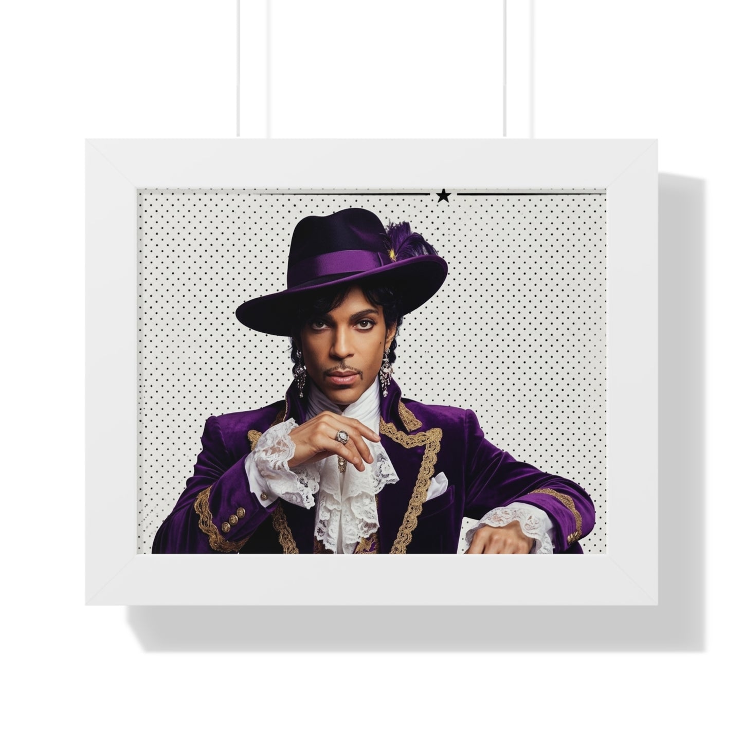Framed portrait of a person in a purple outfit with a hat on a white background