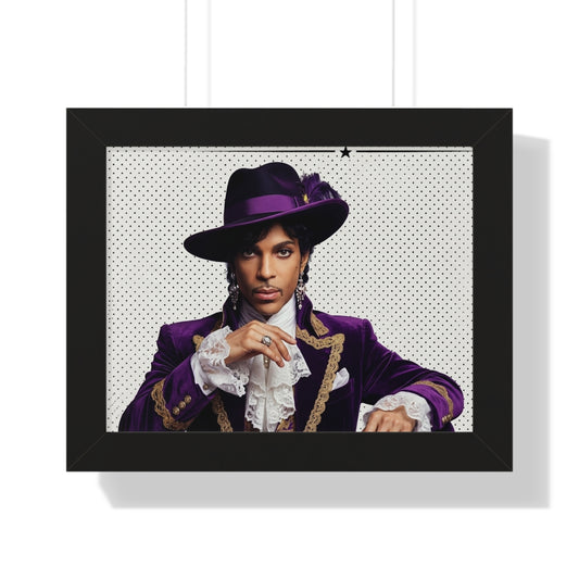 Framed portrait of a person in a purple outfit with a matching hat on a white background