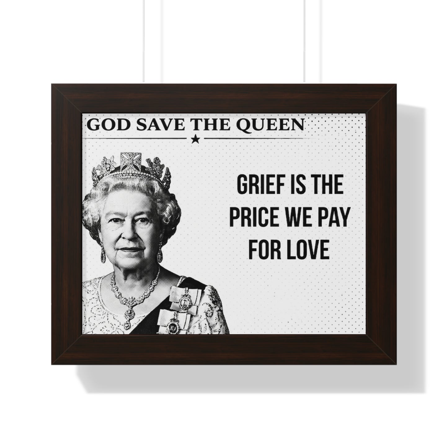 Framed poster with a portrait of a queen and text on a white background