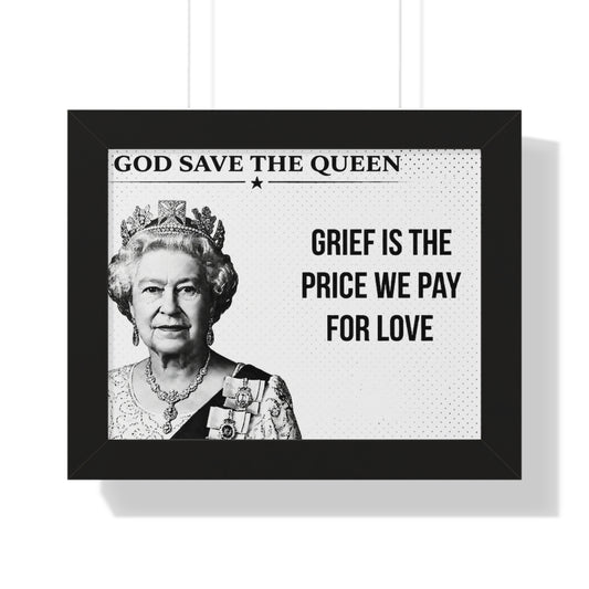 Framed poster with a black and white portrait of a queen and text on a white background