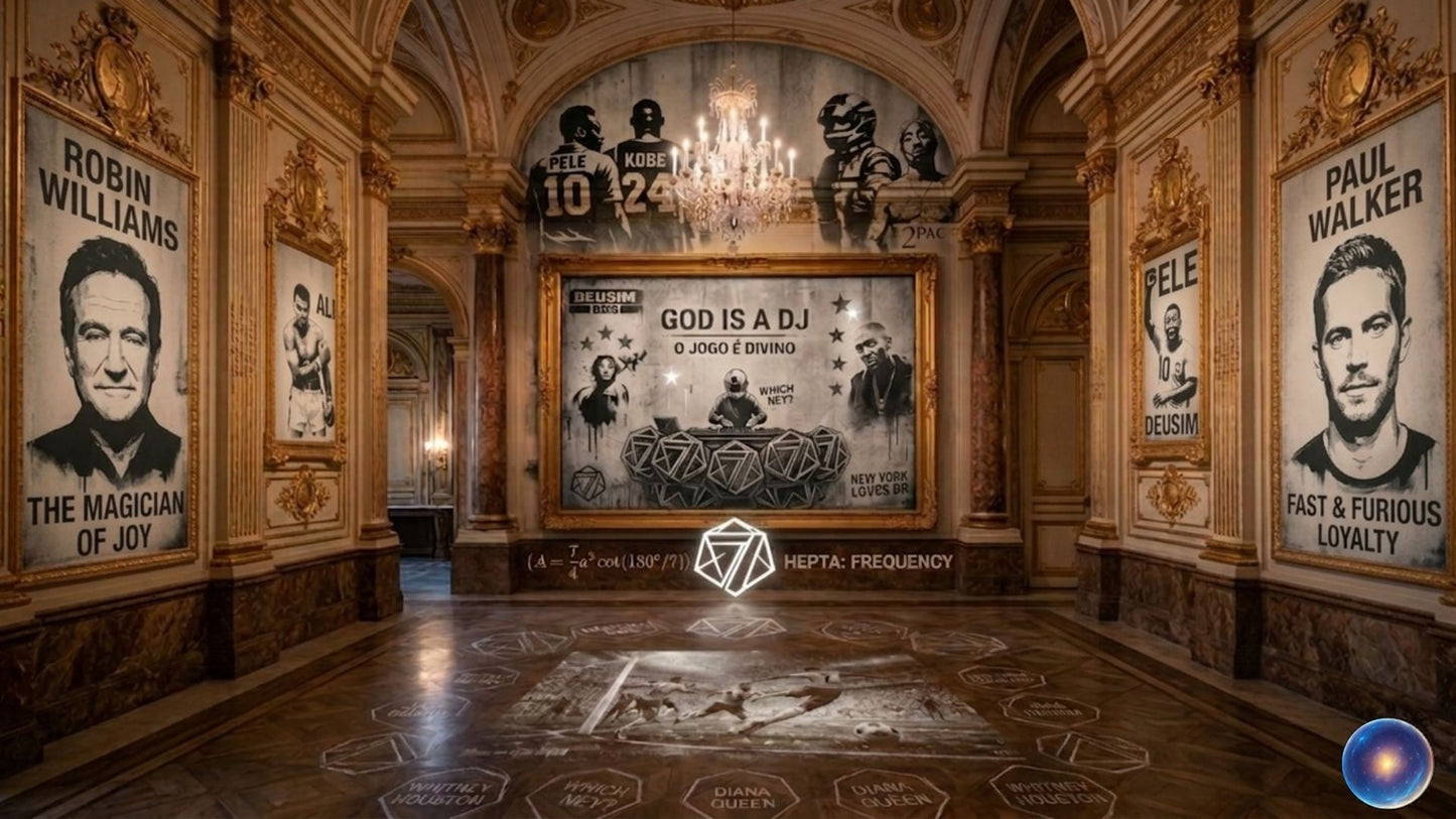 Decorative interior with framed posters of famous people and a central artwork.