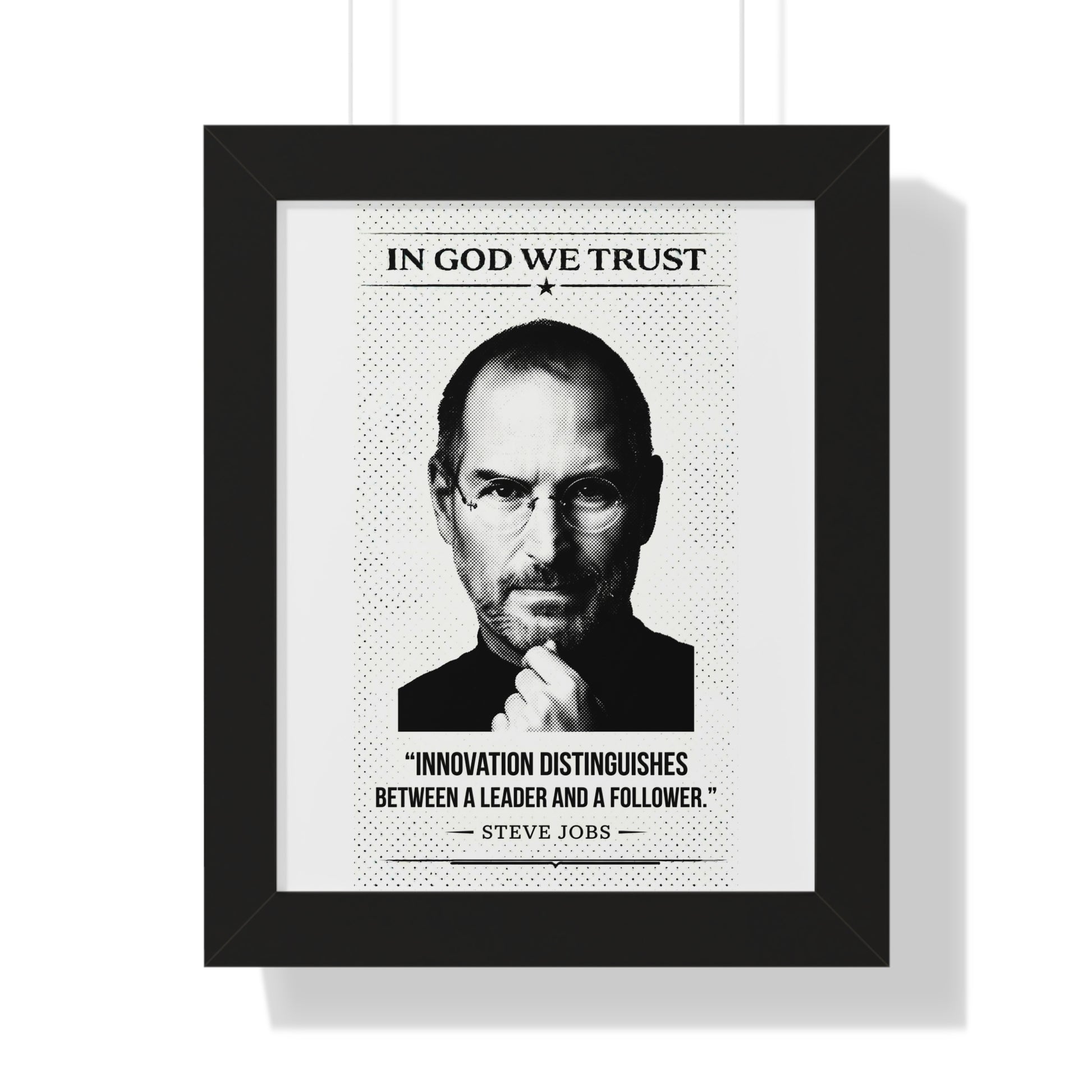 Framed poster with a portrait of a person and a quote by Steve Jobs on a white background.