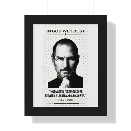Framed poster with a portrait of a person and a quote by Steve Jobs on a white background.