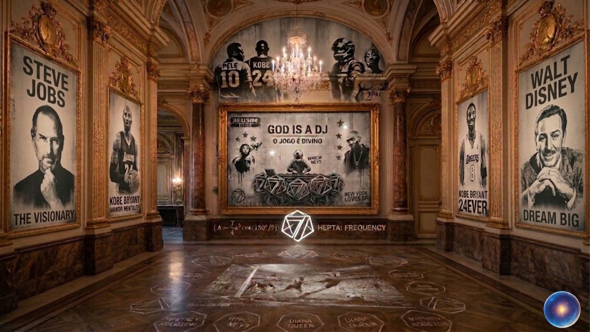 Grand hall with framed portraits of famous figures and a prominent logo in the center.
