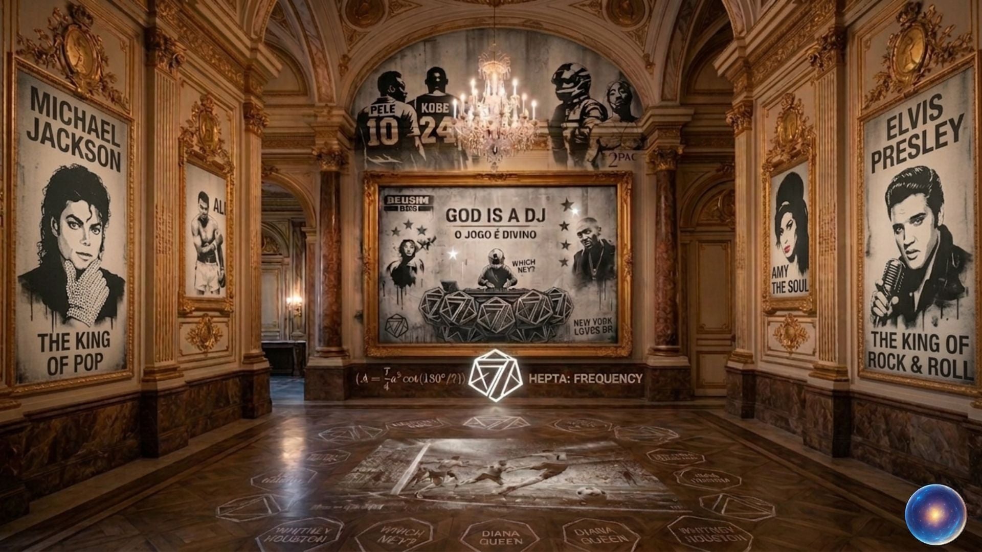 Decorative interior with posters of famous musicians and a chandelier.