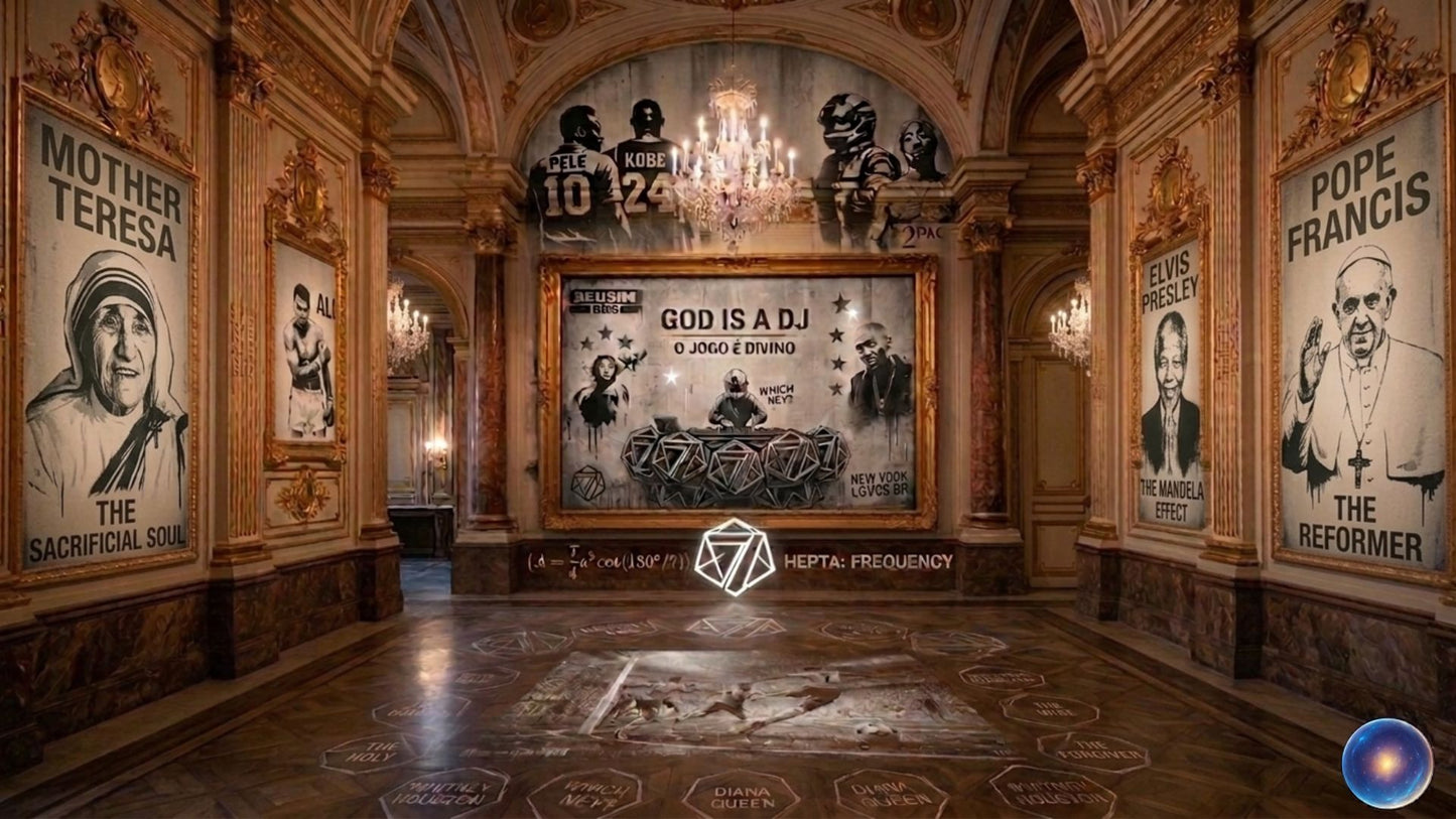 Decorative interior with artistic portraits and a prominent 'Pope Francis' poster.