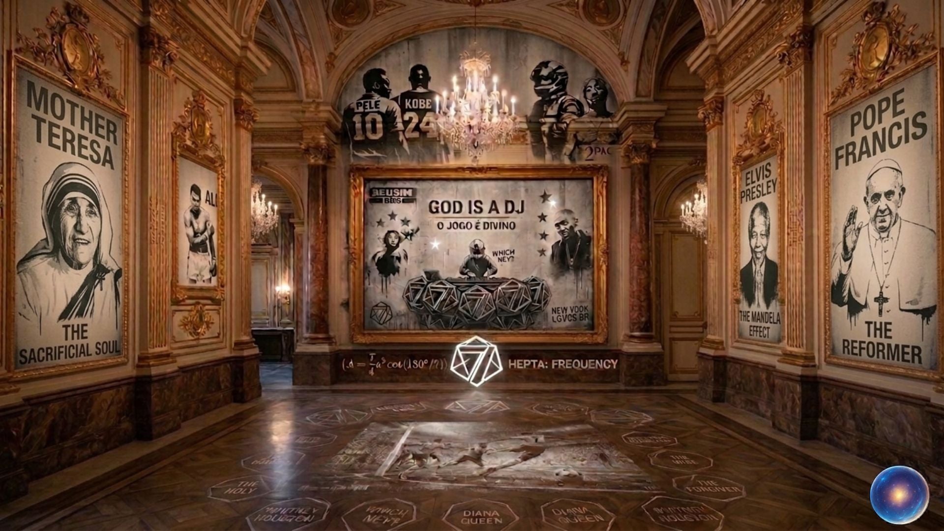 Decorative interior with artistic portraits and a prominent 'Pope Francis' poster.