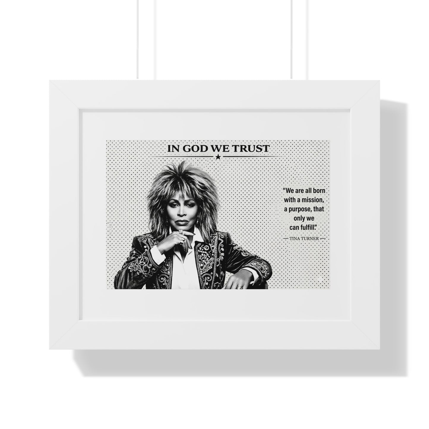 Framed poster with a black and white portrait of a person and text on a white background