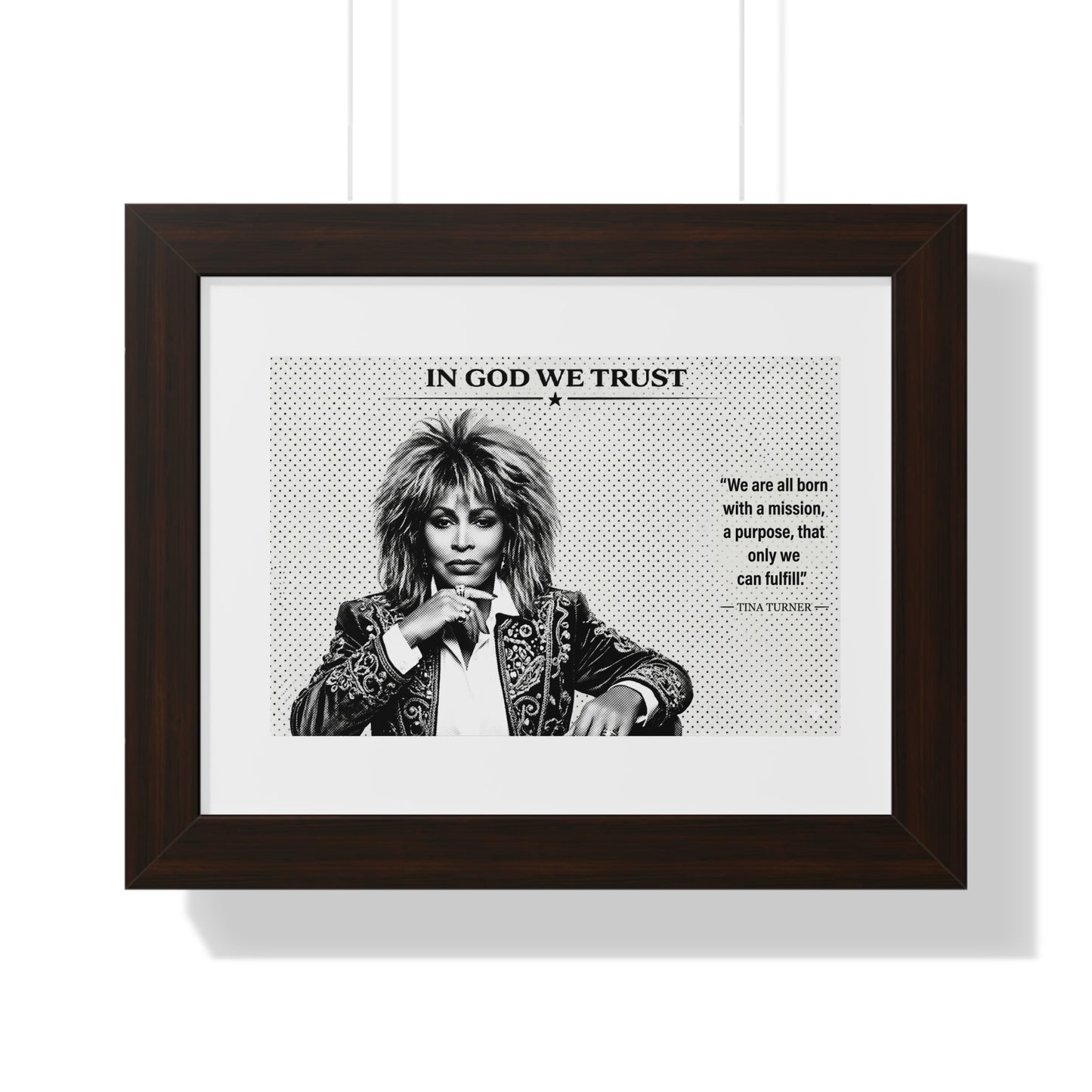 Framed poster with a black and white portrait of a person and text on a white background