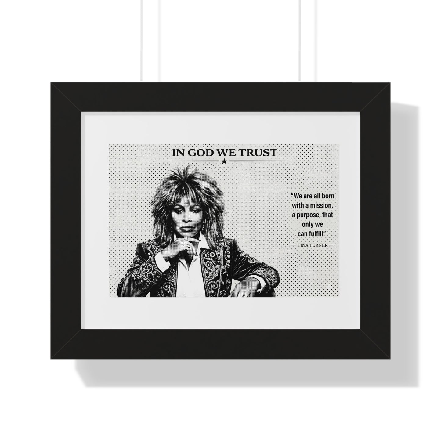 Framed poster with a black and white portrait of a person and text on a white background
