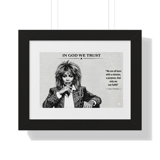Framed poster with a black and white portrait of a person and text on a white background
