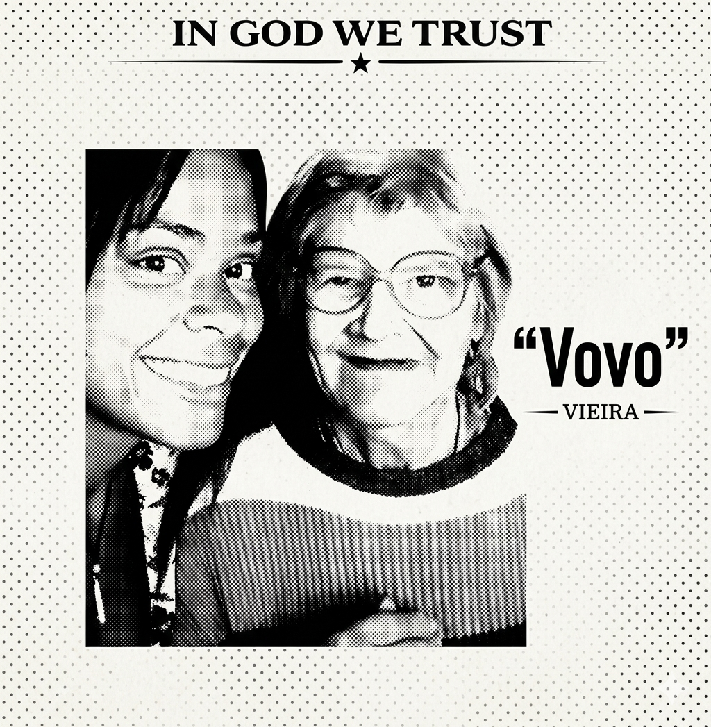 Two people with text 'IN GOD WE TRUST' and 'Vovo Vieira' on a polka dot background