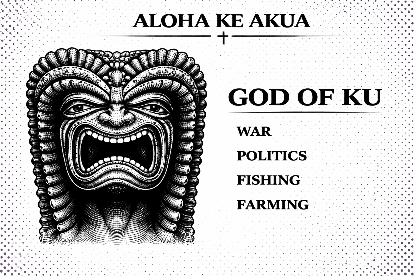 Black and white illustration of a mask with text about 'God of Ku' on a light background