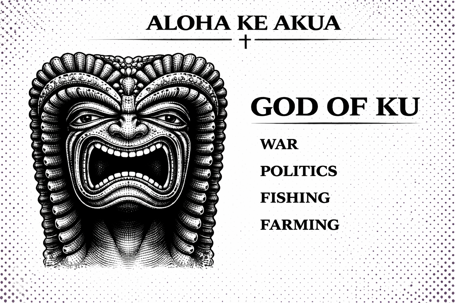 Black and white illustration of a mask with text about 'God of Ku' on a light background