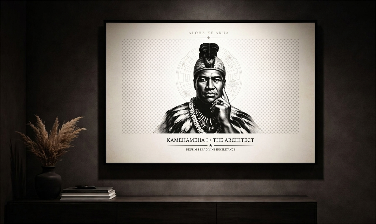 Framed portrait of a historical figure on a dark wall with decorative elements.