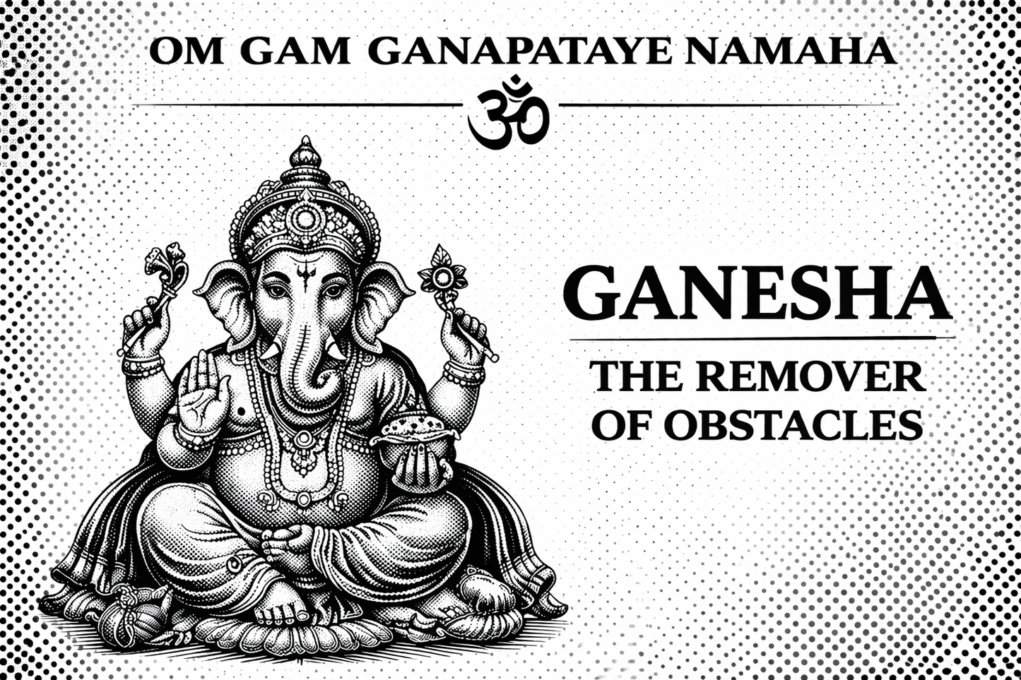 Black and white illustration of Ganesha with text on a halftone patterned background