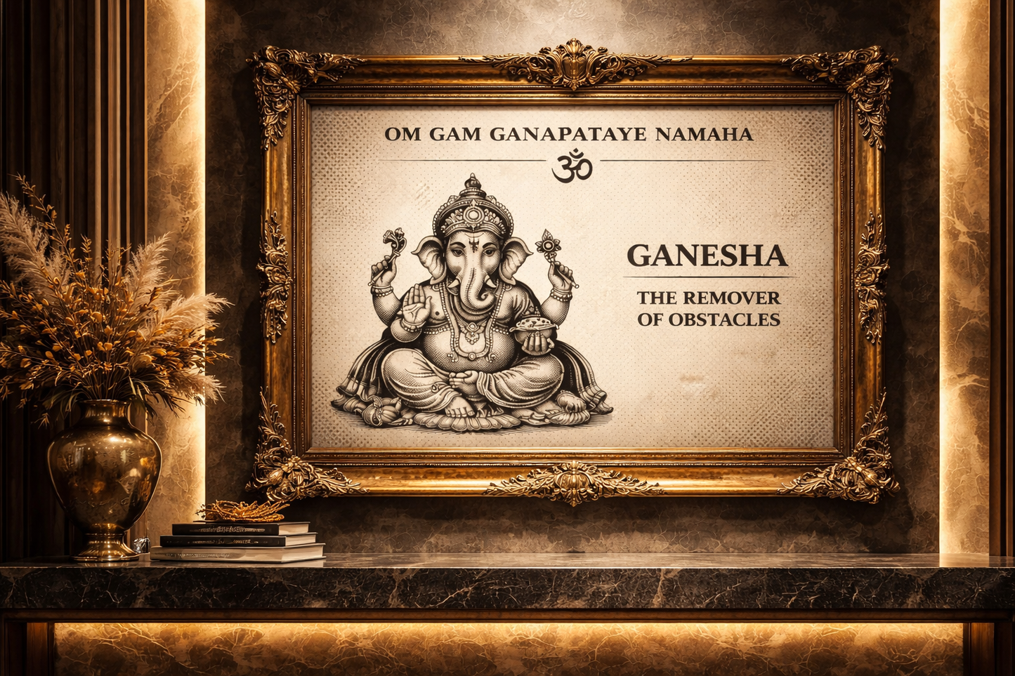 Framed artwork of Ganesha with religious text on a decorative background