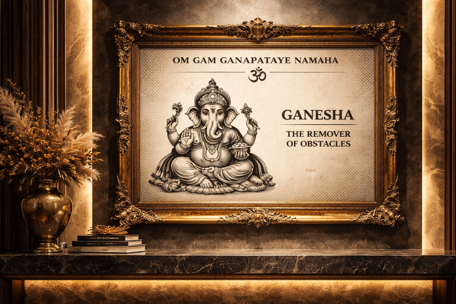 Framed artwork of Ganesha with religious text on a decorative background